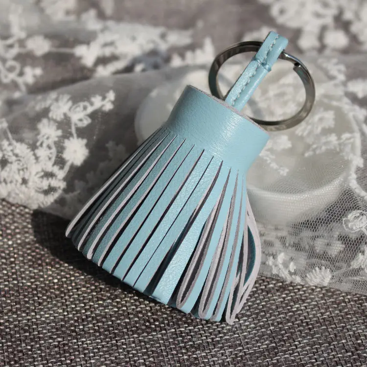 A SILVER BABY BLUE Известный бренд класса люкс из натуральной овчины настоящий кожаный брелок с кисточкой для ключей автомобиля брелок для ключей женская сумка Шарм Подвеска для девочек - Цвет: A SILVER BABY BLUE