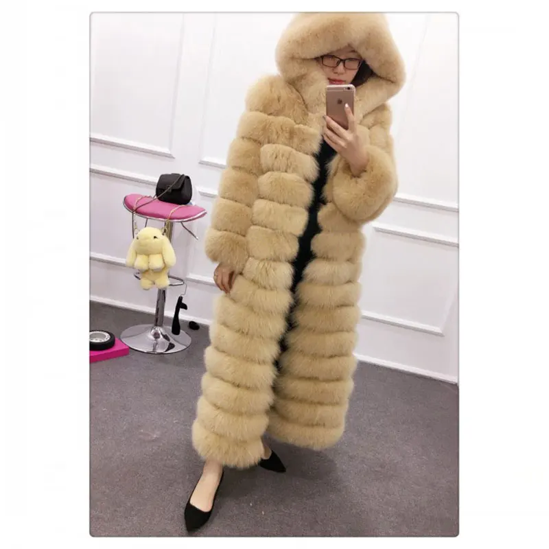 Модное роскошное Женское зимнее пальто с натуральным лисьим мехом, Толстая куртка размера плюс 6XL, длинное пальто из натуральной кожи с натуральным мехом - Цвет: Turmeric