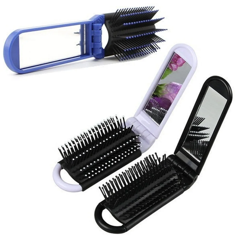 

1pc Portable Travel Folding Hair Brush With Mirror Compact Pocket Size Mini Comb Accessories