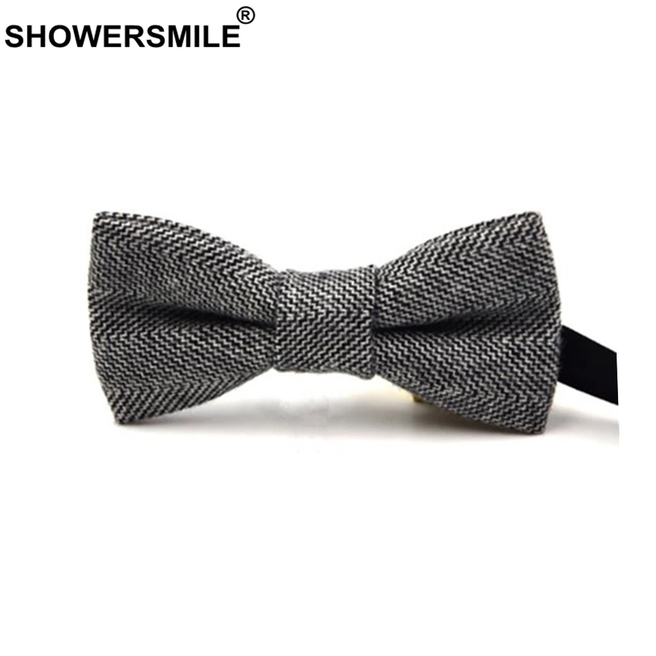 

SHOWERSMILE British Style Wool Bow Tie For Men Striped Bowtie Herringbone Gray Male Female Vintage Neck Tie Cravate Adults Gift