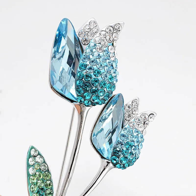 Модные элементы Swarovski кристалл двойной голубой тюльпан цветок брошь булавки горный хрусталь броши для женщин
