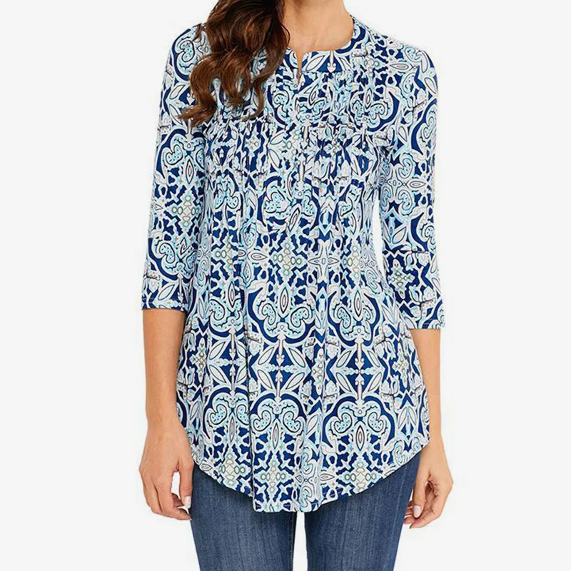 Print Pleated Boho O Neck Women Shirts 2018 Autumn Bohemian Button Plus Size Female Tunic Blouses Woman Slim 5XL Casual Shirt