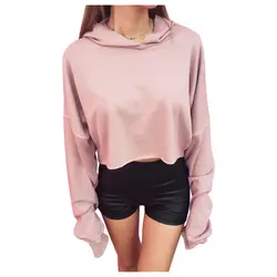 Уличная осень-зима Для женщин Свободные Batwing Cropped Hoodie женский с капюшоном Укороченный свитшот Фитнес короткие Пуловеры для женщин розовый