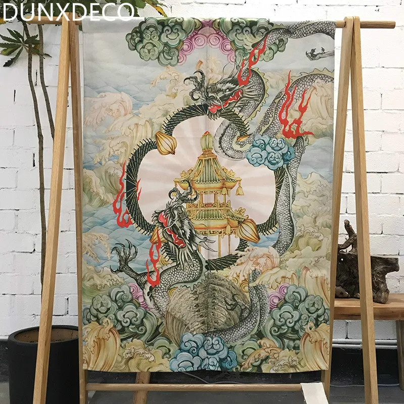 

DUNXDECO Door Partition Curtain Kitchen Half Short Cortinas Artistic National Dragon Temple Heavy Linen Look Fabric Rideau