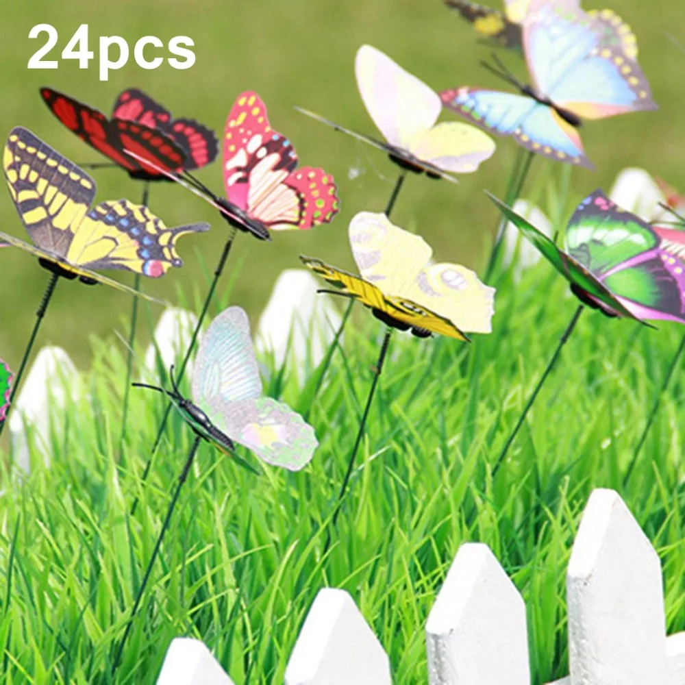 24pcs Artificial Butterfly with Stick Garden Decorations Simulation