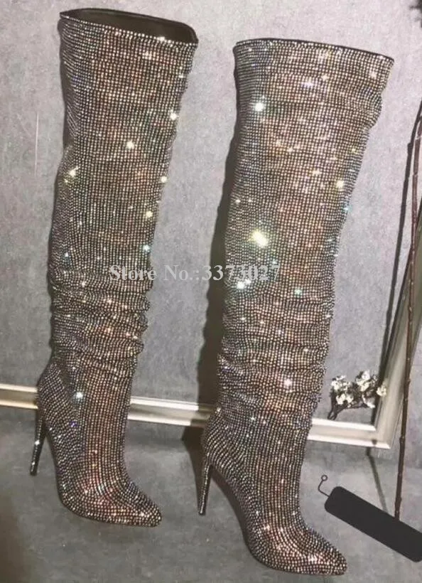 silver glitter knee high boots