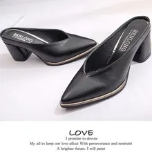 Кожаные женские шлепанцы; туфли на высоком каблуке; брендовые летние туфли без задника с острым носком; женские черные уличные шлепанцы на толстом каблуке; размеры 34-39