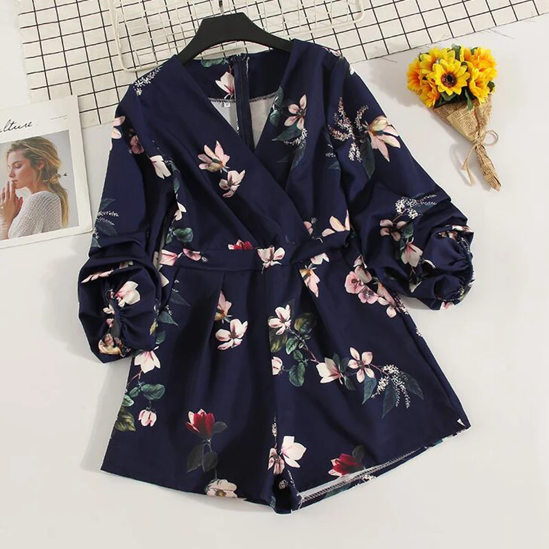 IUURANUS Women's V neck lantern sleeve Print Playsuits Lady's Vintage Autumn Summer Wide leg shorts imitation satin Jumpsuits IUURANUS Women's V neck lantern sleeve Print Playsuits Lady's Vintage Autumn Summer Wide leg shorts imitation satin Jumpsuits