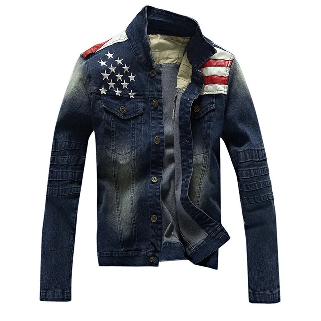 Plus size 3XL Men Denim Jacket Brand Clothing Cotton Mens Jean Jackets Dark Blue Solid Coat Male
