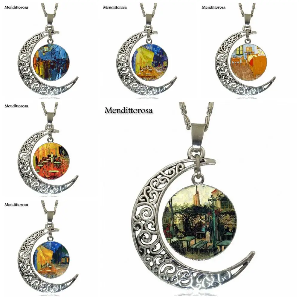 For Lovers Girl Friend Best Gift Van Gogh Cafe Terrace Glass Pendant Necklace Handmade Half Moon | Украшения и аксессуары