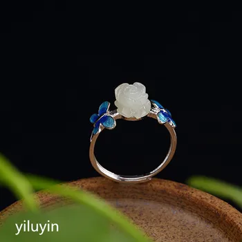 

KJJEAXCMY boutique jewelryar S925 pure silver natural Hetian jade white mosaic Cloisonne Rose Lady opening ring