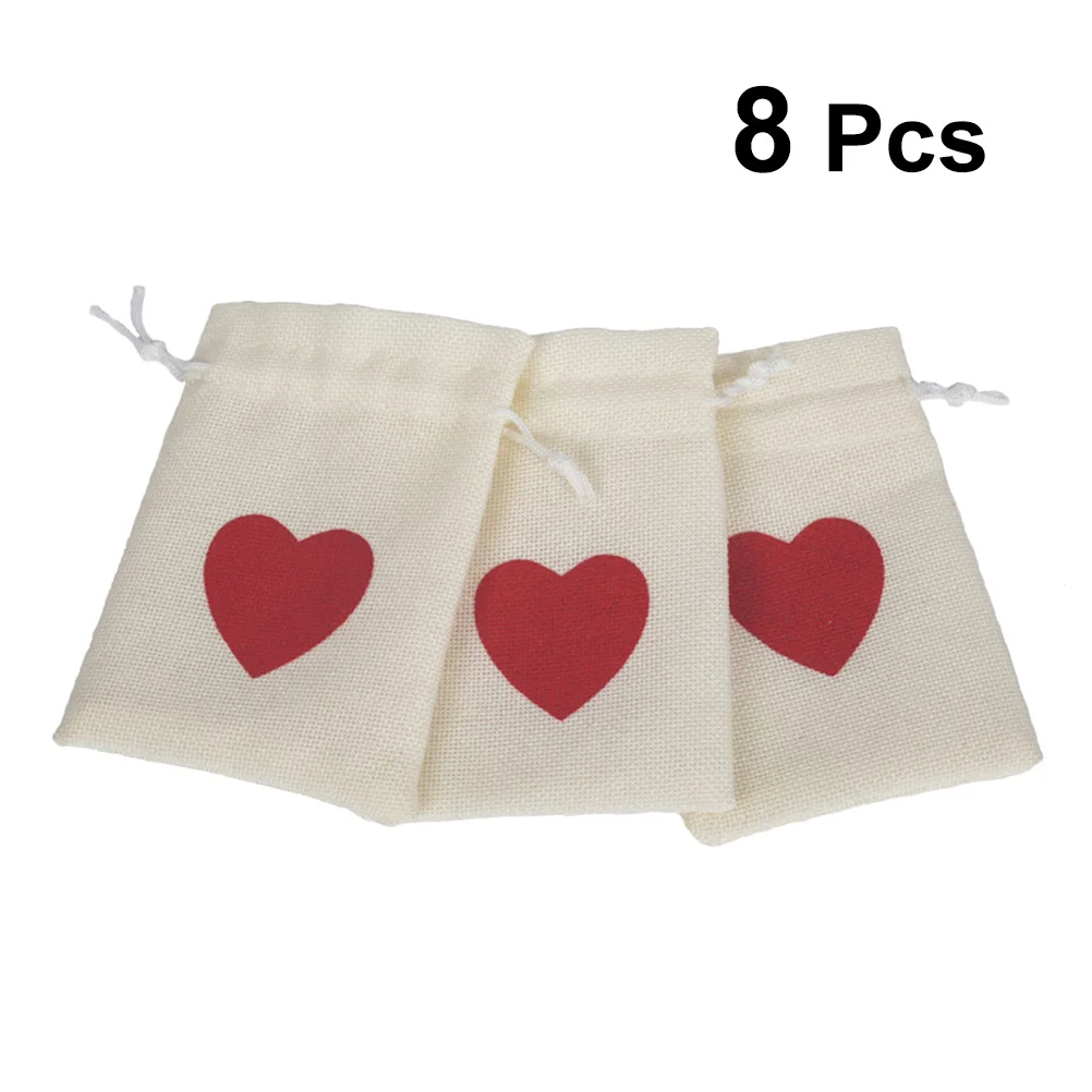 

8pcs/Pack Linen Drawstring Bags Heart Pattern Burlap Bags Party Favor Gift Candy Pouch Wedding Party Decoration Gift Bags