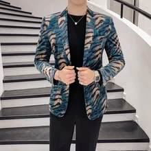 Осень зима костюм куртка дизайн леопардовым принтом бархат вечерние Вечеринка пиджак для выпускного для мужчин Блейзер мандарин Slim Fit мужской костюм
