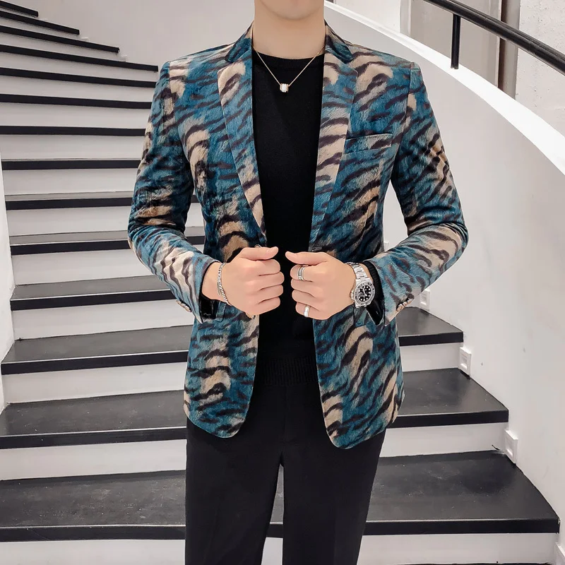 2018 Herfst Winter Jasje Ontwerp Luipaard Print Fluwelen Club Party Prom Jas Mannen Blazer Mandarijn Slim Fit Blazer Homme