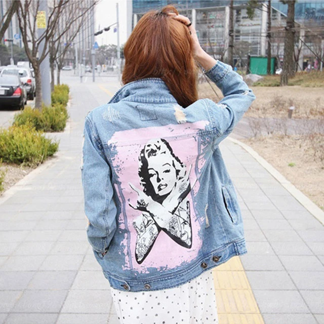 Vuilnisbak Langskomen bestrating 2016 denim jasje vrouwen gescheurd gat ontwerp Marilyn Monroe print all jeans  jas vrouwen bovenkleding jas|outerwear coat|women outerwear coatsdenim  jacket women - AliExpress