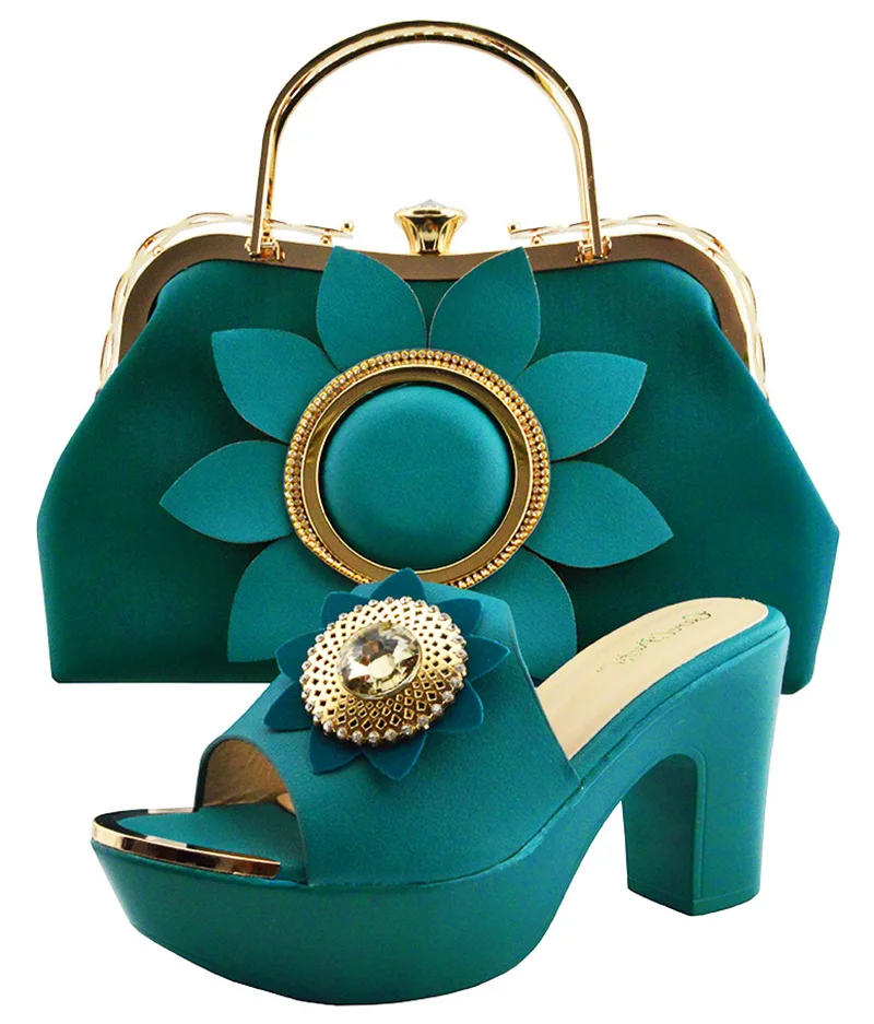 

Teal blue fashion lady shoes and clutches bag with big flower wedding party african aso ebi shoes and bag matching set SB8198-4