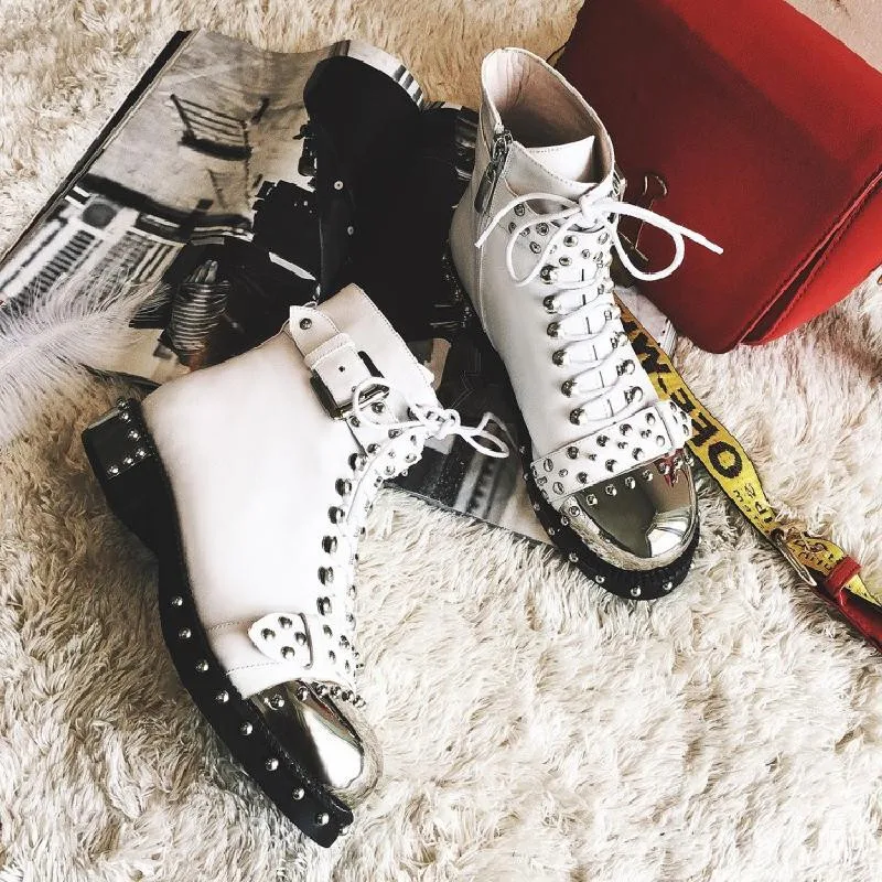 

US4-10.5 Chic British Style Women's Ankle Boots Round Toe Rivets Studded Lace Up Zipper Buckle Genuine Leather Shoes Motorcycle