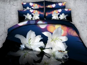 

3pcs pure lily flower and butterfly printed bedding set HD white / pink lily bed linen contains 1 duvet cover 2 shams queen king