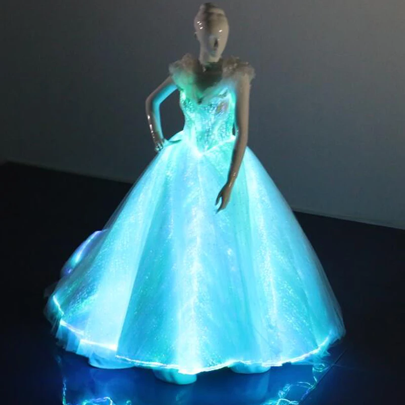 la luz de fibra óptica de tela una línea vestido de boda mujeres