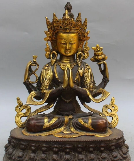 

12" Tibetan Buddhism Bronze Gilt 4 arms Chenrezig Buddha Avalokiteshvara Statue R0711