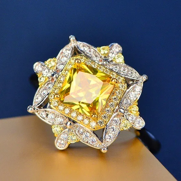 

Bamos Gorgeous Yellow Square Stone Ring Exquisite Big CZ Ring Promise Wedding Ring For WomenWhite Gold Filled Boho Jewelry