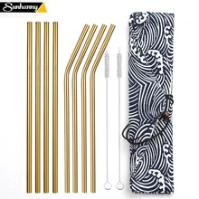 Palhas bebendo de metal reusável 304 de aço inoxidável resistente curvado palha reta com escova de limpeza e saco barra festa acessório