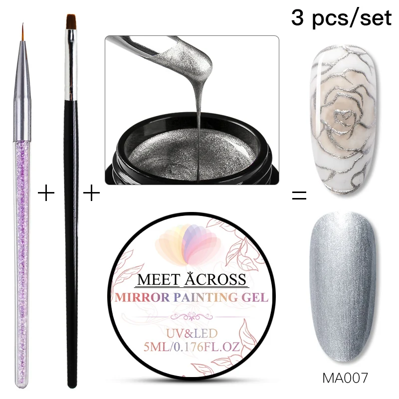 

MEET ACROSS Metallic Color Nail Gel Polish Varnish Lacquer Painting Spider Flowers Drawing Silver Mirror Glitter UV Gel Manicure