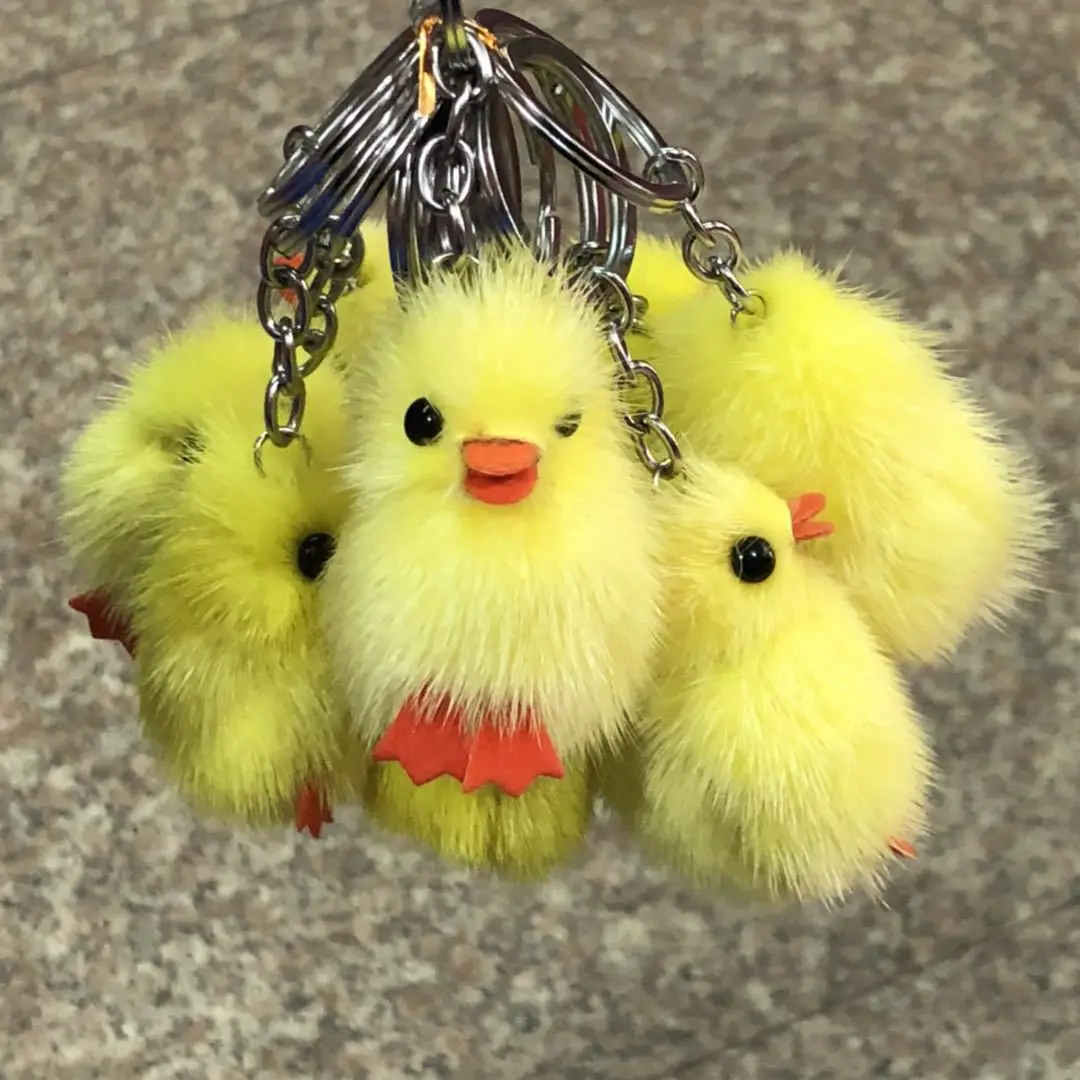 

Cute Pom Poms little yellow chicken soft real mink fur key chain bag pendant accessories yellow duck hanging car ornament