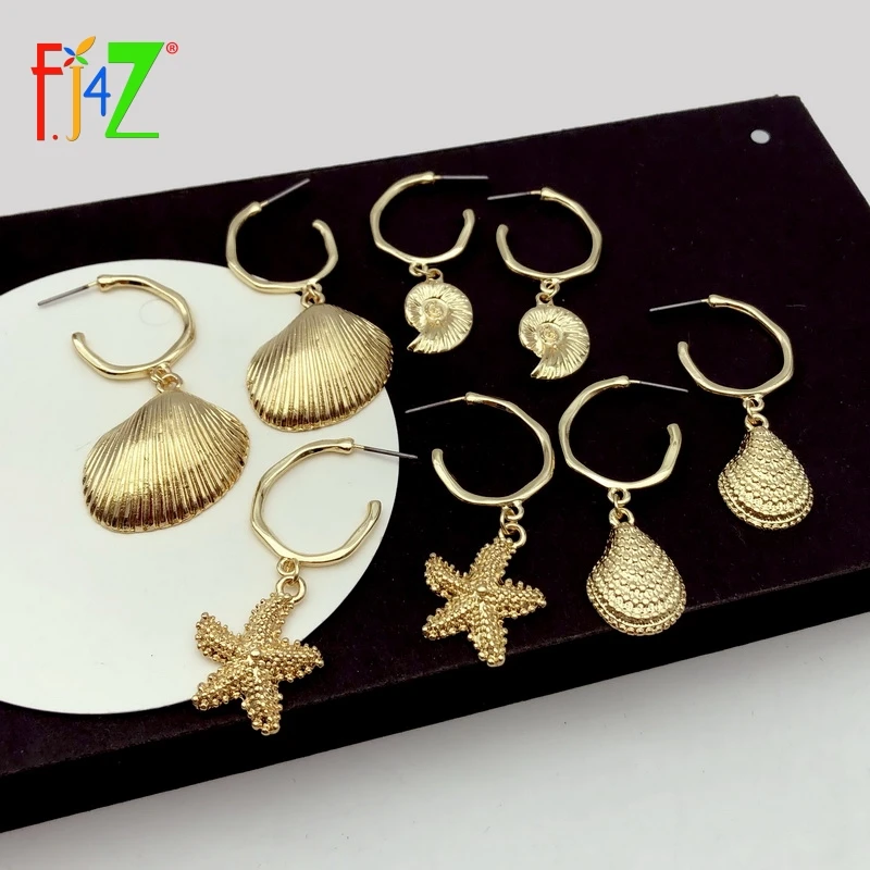

F.J4Z Hot Golden Alloy Seashell Earrings Woman Baroque Summer Beach Shell Hoop Earring Jewelry Collection DropShipping