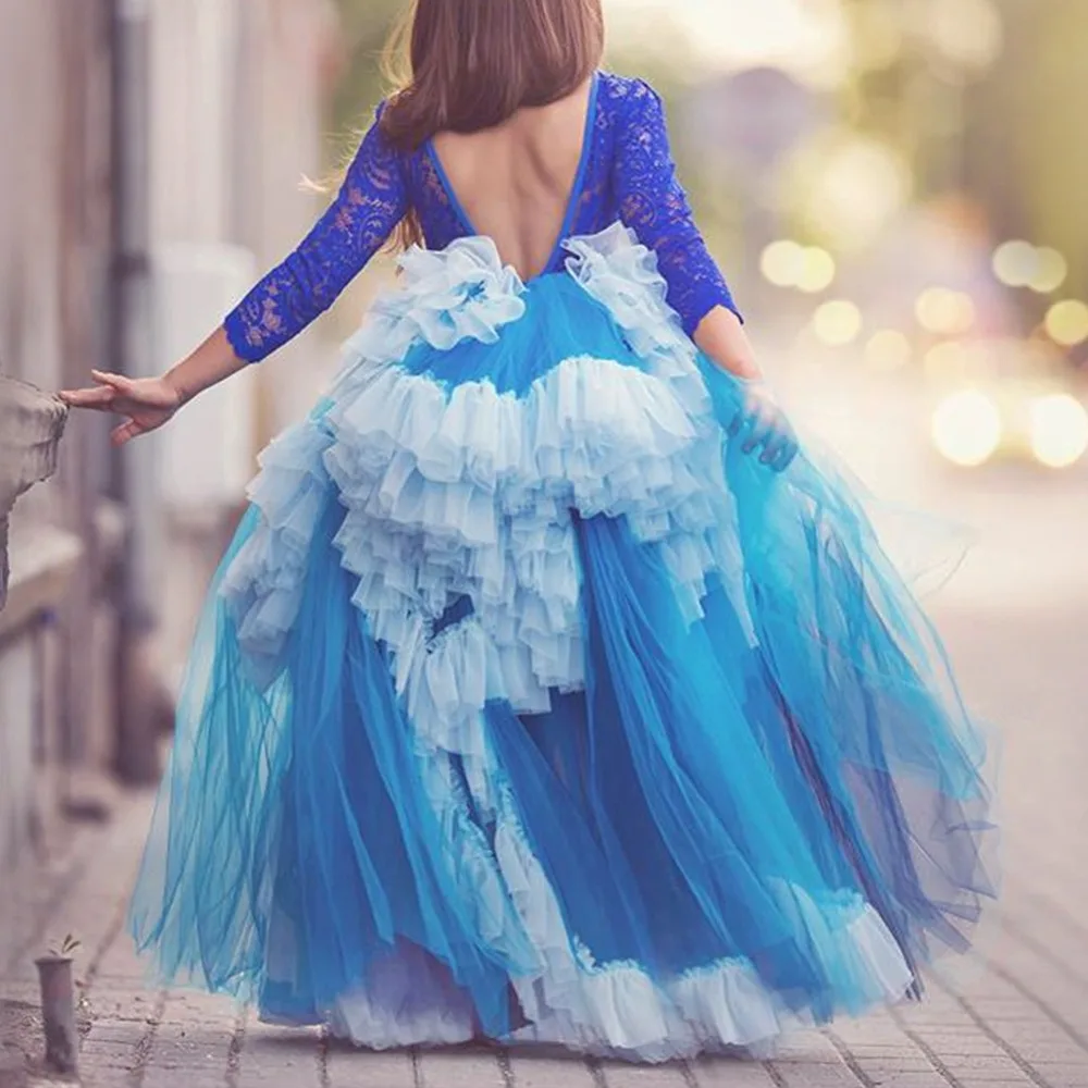 

Elegant Girls Baby Kid Flower Blue Lace First Communion Photography Long Dresses Long Sleeve Backless Vintage Princess Dress