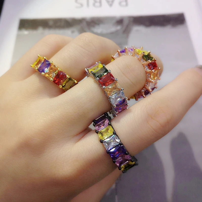 

Hot Colorful CZ Square Zircon Cuff Finger Ring Full Zircon Stackable Rainbow Wedding Jewelry Baroque Style New Brand Jewelry
