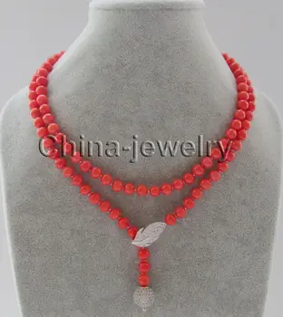 

FREE shipping> >>>Beautiful 37 " 7mm perfect round orange color coral+12mm zircon ball necklace -S