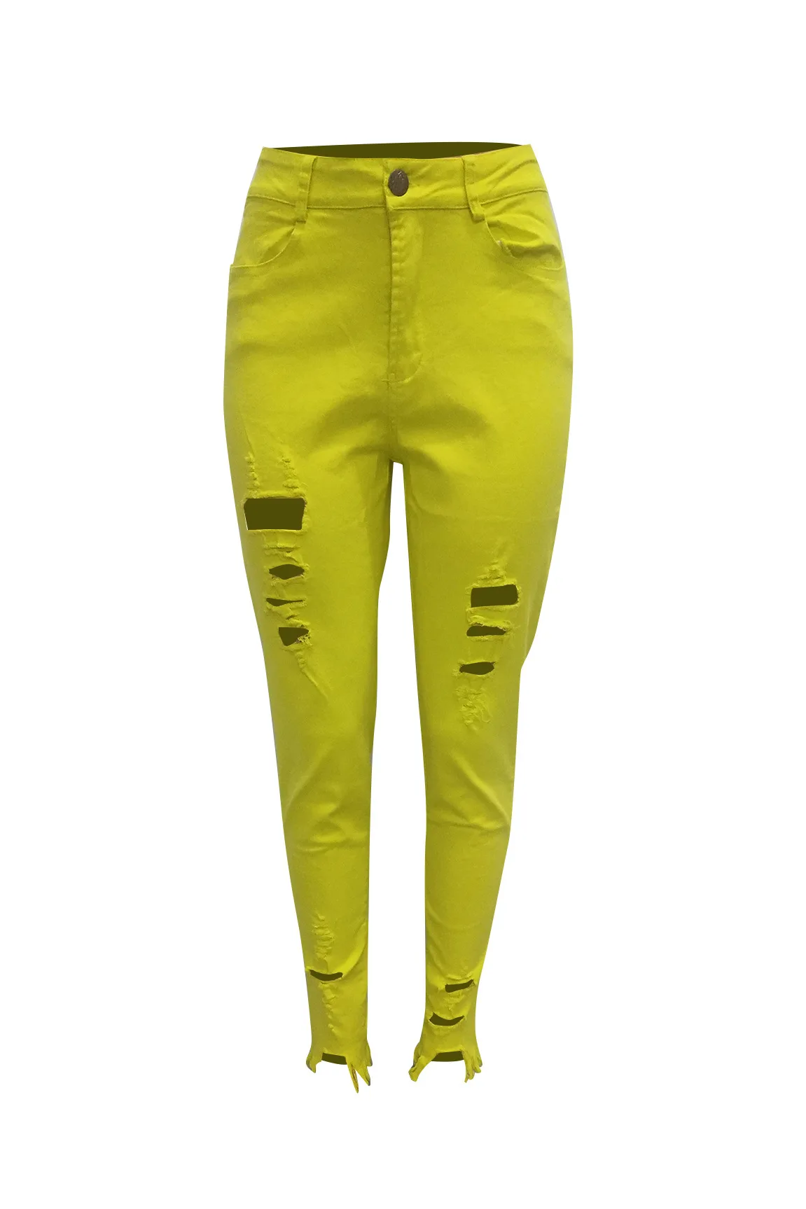 Неоновый зеленый оранжевый плюс размер Высокая талия женские джинсы женские дырки джинсовые брюки Уличная Сексуальная рваные обтягивающие брюки-карандаш - Цвет: Yellow