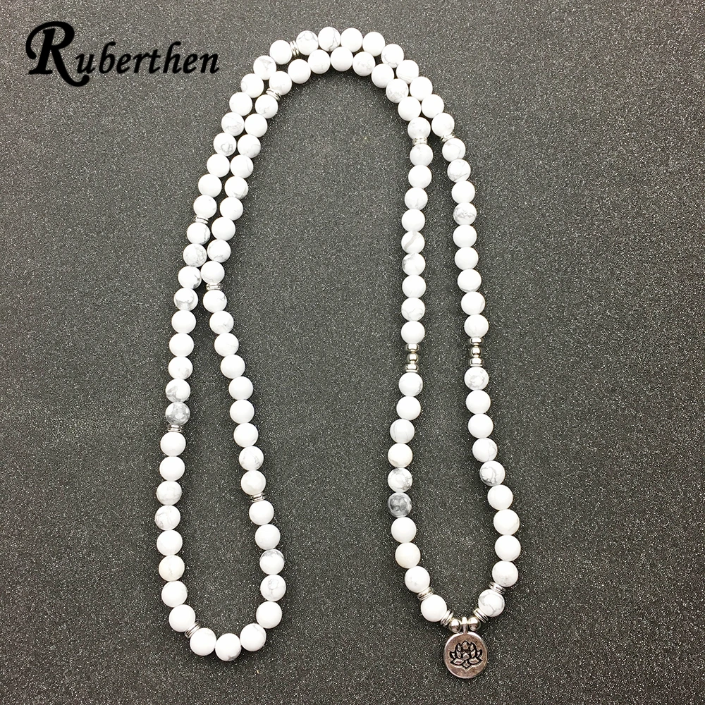 Kaufen Ruberthen Entwickelt frauen Armband Trendy 108 Mala Howlite Lotus Armband oder Halskette Hohe Qualität Yogi Schmuck Geschenk für Mädchen