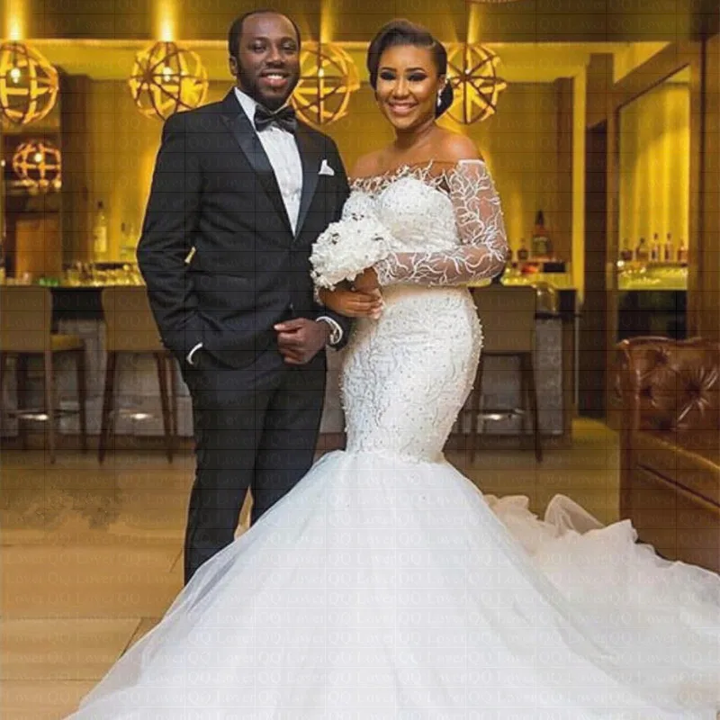 

2019 African Luxury Lace Off the Shoulder Mermaid Wedding Dress Illusion Bridal Gowns Vestido De Novia