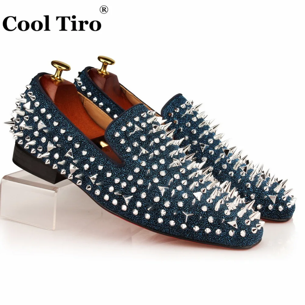 COOL TIRO Blue Glitter Men Loafers Spikes Rhinestones Slide Slippers