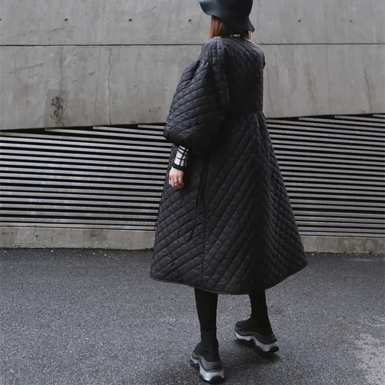 Новинка, зимняя модная уличная винтажная длинная парка размера плюс для женщин, женские пальто с v-образным вырезом и рукавами-фонариками