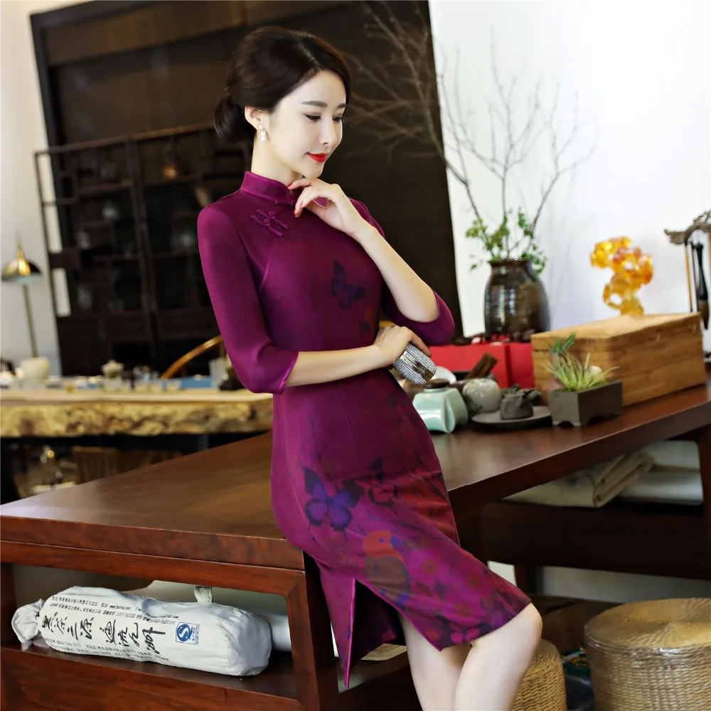 Шанхай история фиолетовый 3/4 рукав замши ткань по колено Qipao платье Винтаж бабочка печати китайский чонсам, Восточный стиль