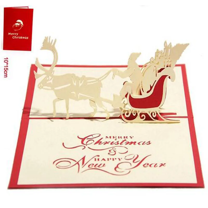 3pcs Red Christmas Santa Ride Greeting Cards 3D Laser Cut Pop Up Paper 