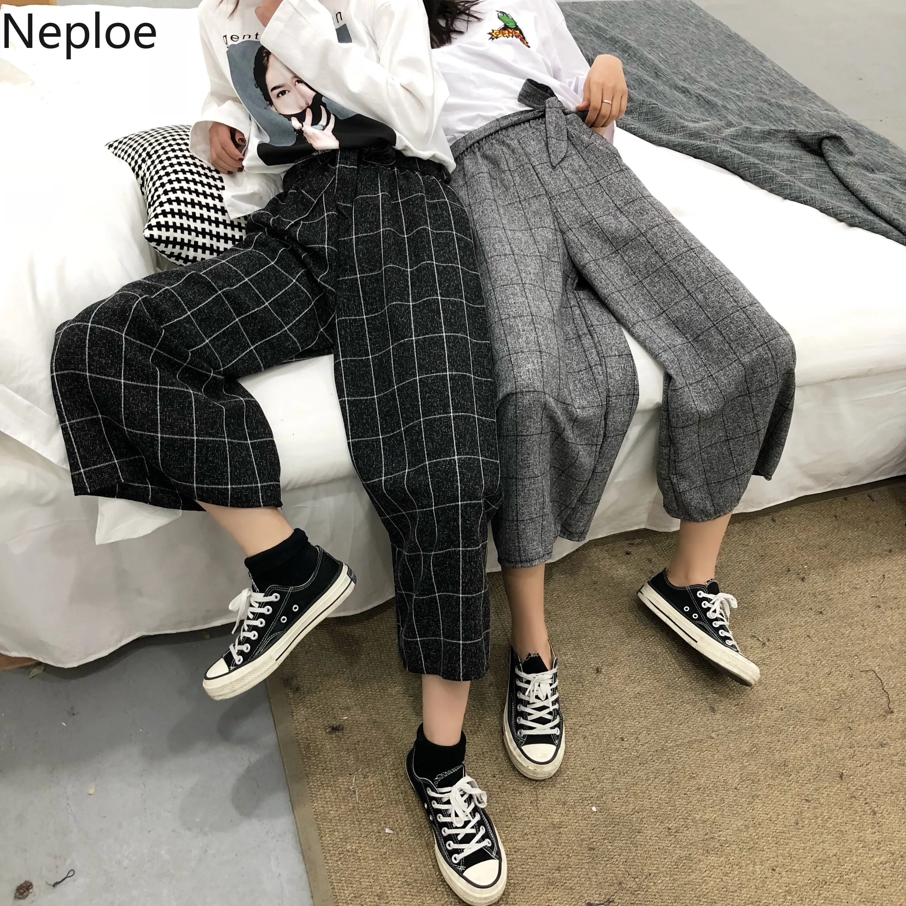 

Neploe Japanese Wide Leg Pants Harajuku Retro Plaid Lace-up High Waist Loose Casual Trousers Women Fashion Pants 38694