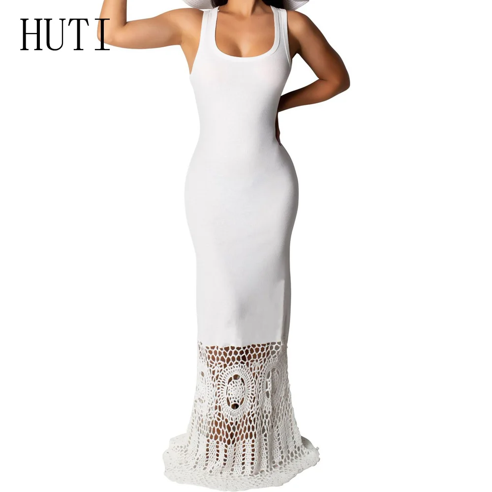 

HUTI Women Sleeveless Lace Patchwork Bodycon Floor-length Slim Long Dress Ladies Summer Bohemian Beach Party Casual Maxi Dresses