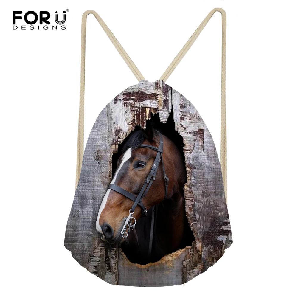 FORUDESIGNS Drawstring Bag Women's Horse Printed Backpack Females Small Shopping String Pouch Kids Girls Logo Custom Bolsos