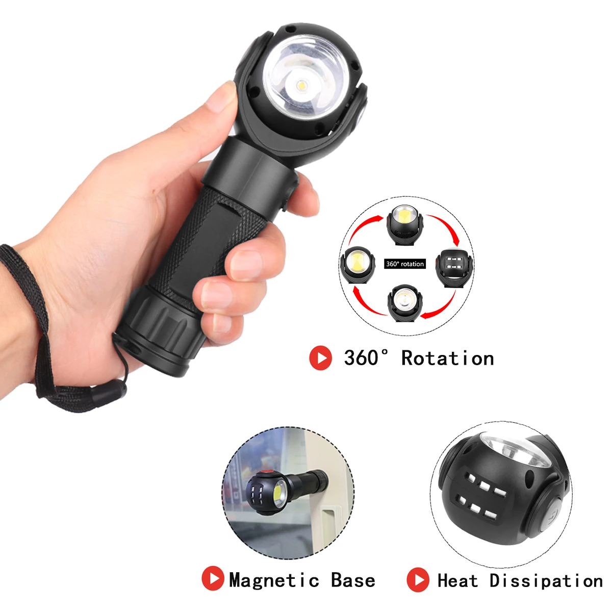 

T6+COB LED flashlight 360 degree rotation Tail with magnet Multifunctional safety torch Custom LOGO USB charge 18650 Battery