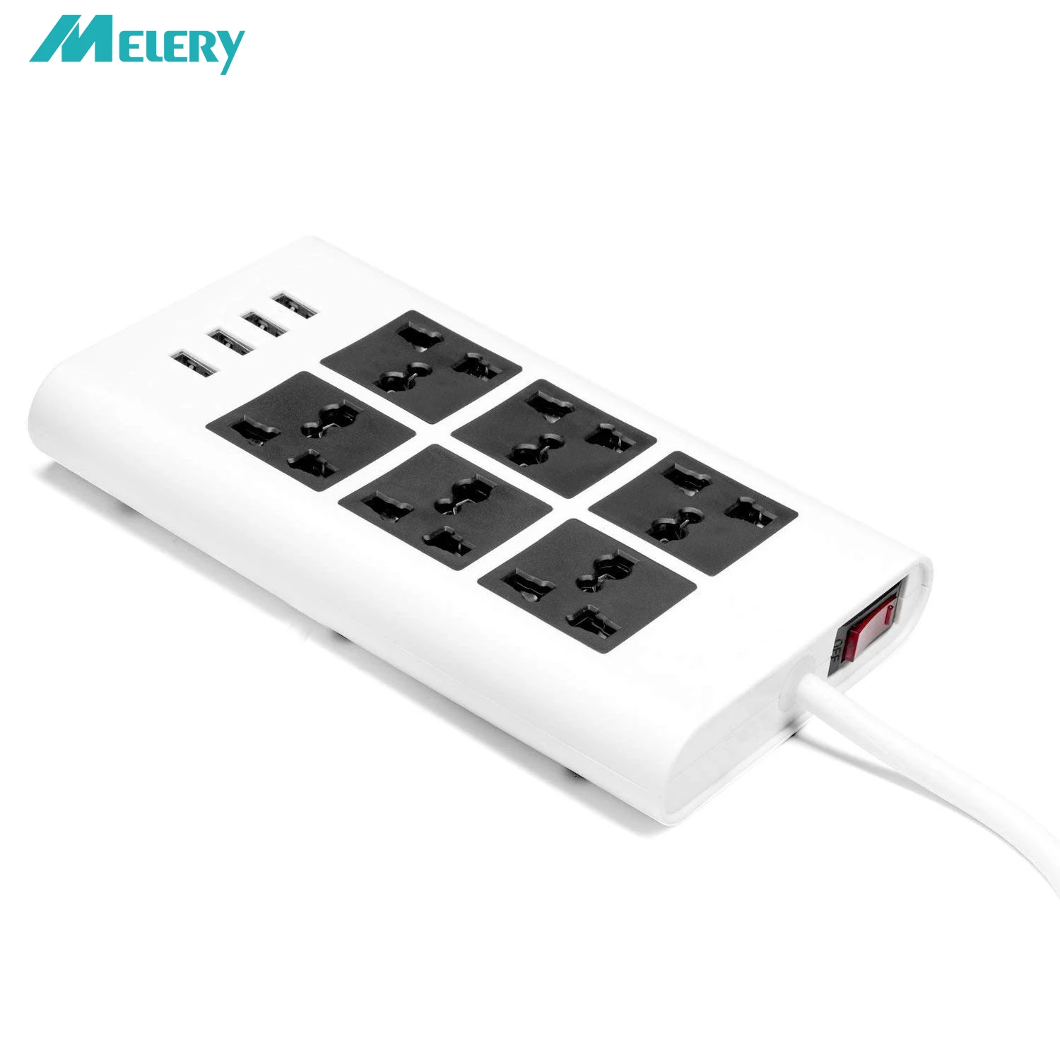 Flat Power Strip Surge Protections with Circuit Breaker 6 AC Universal Sockets 2500W EU/UK/US Plug with 4 USB Charger Port