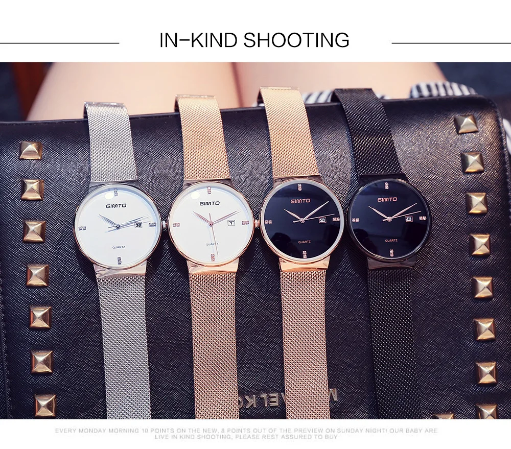 Luxury GIMTO Fashion Ladies Watches Rose Gold Women Watches Elegant Minimalism Rhinestone Casual Black Female Waterproof Clock