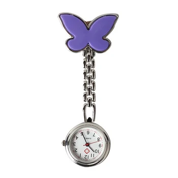

Practical New Fashion Butterfly Nurse Table Pocket Watch with Clip Brooch Chain Quartz Purple