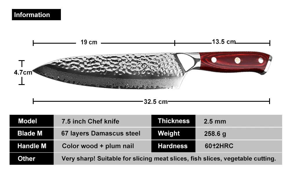  XITUO 7.5 In Damascus Chef Knife Handmade Forged 67 Layer Damascus Steel Blade Kitchen Cleaver Sash - 33009092326