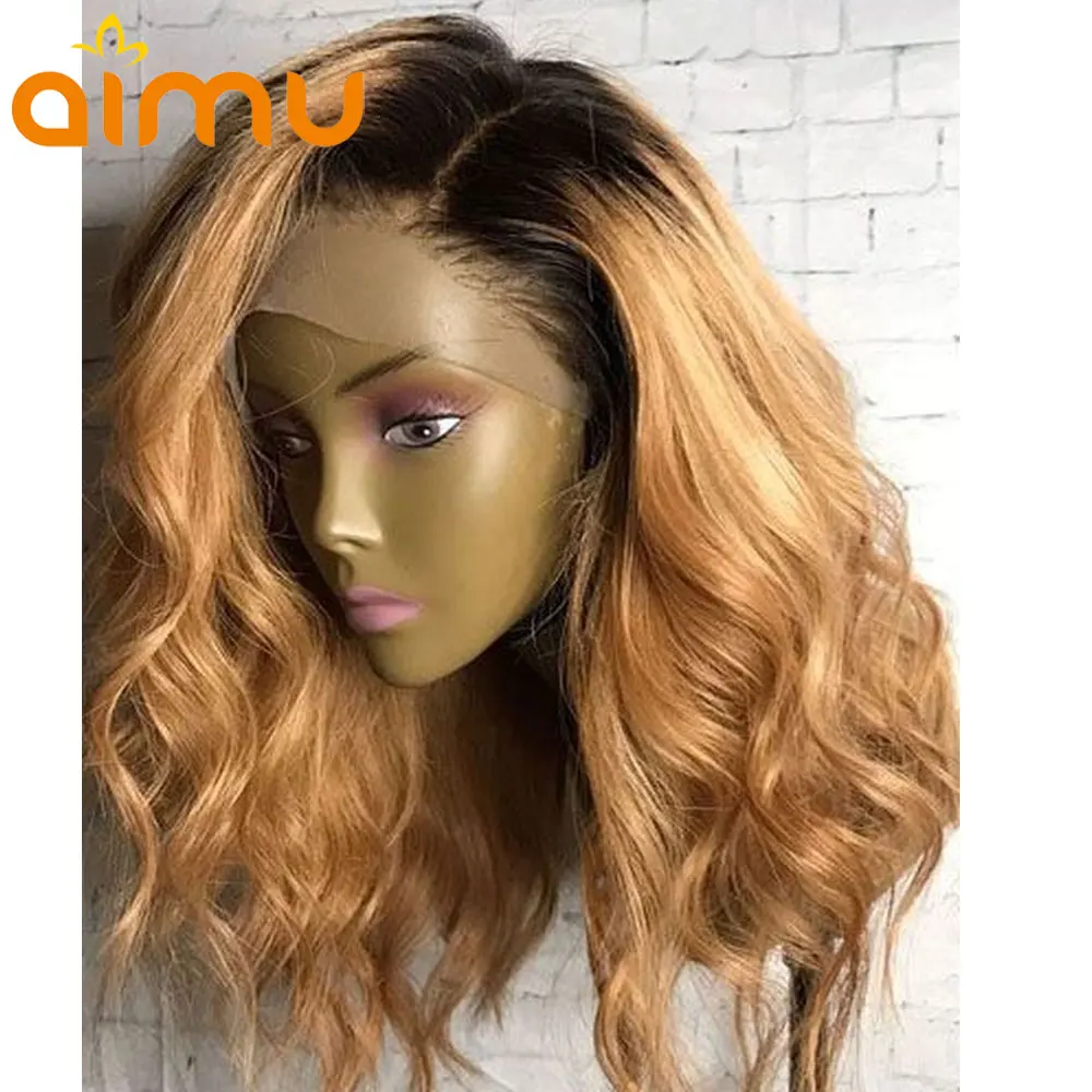 13x6 короткие глубокая часть индийский Remy темные корни мёд блондинка Ombre 180% человеческие волосы синтетические на кружеве искусственные п