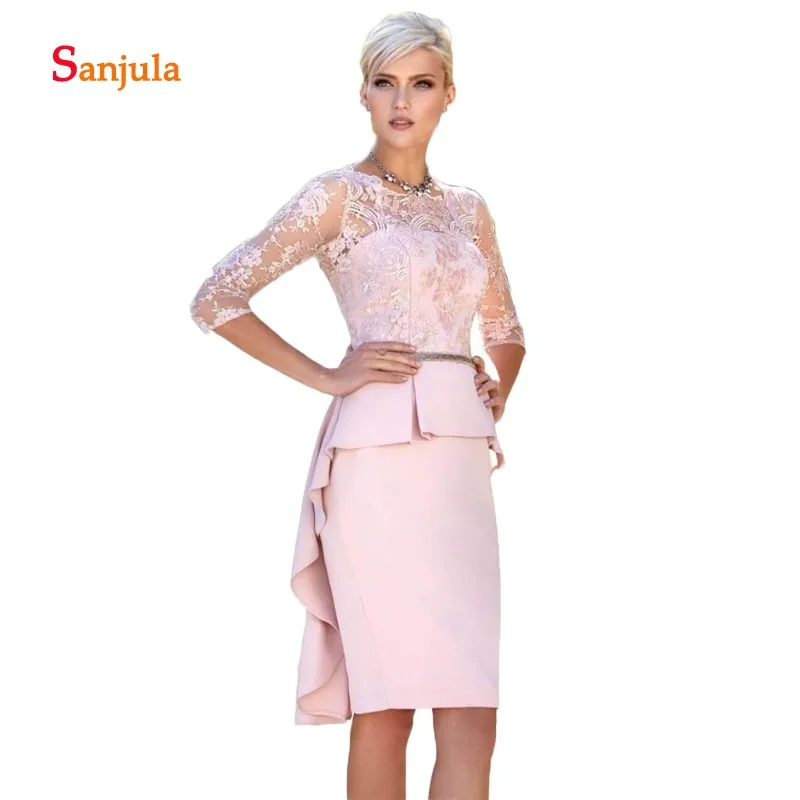 Peplum Pink Mother Of The Bride Dresses 2019 Lace Appliqued 3 4
