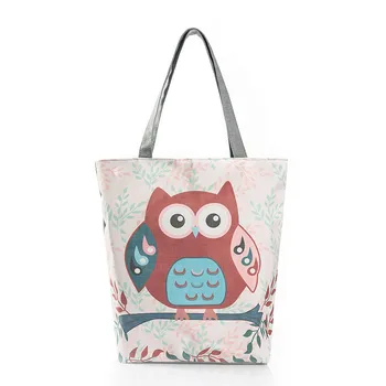 

Cartoon Owl Print Casual Tote Lady Canvas Beach Bag Female Handbag Large Capacity Daily Use Women Single Shoulder Shopping Bags